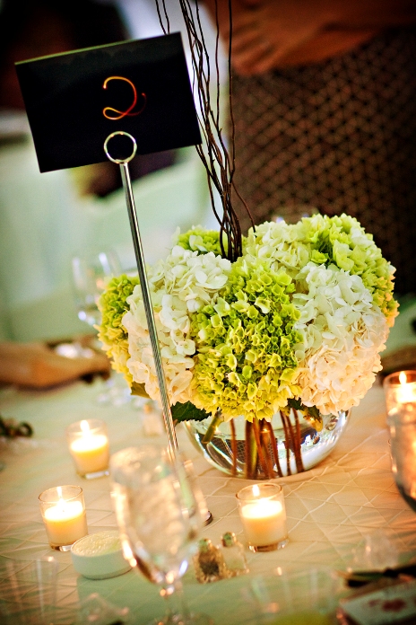 DIY flower centerpieces made of green and white hydrangea