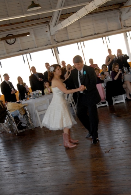 Bride (in pink cowboy boots) and her father doing the polka