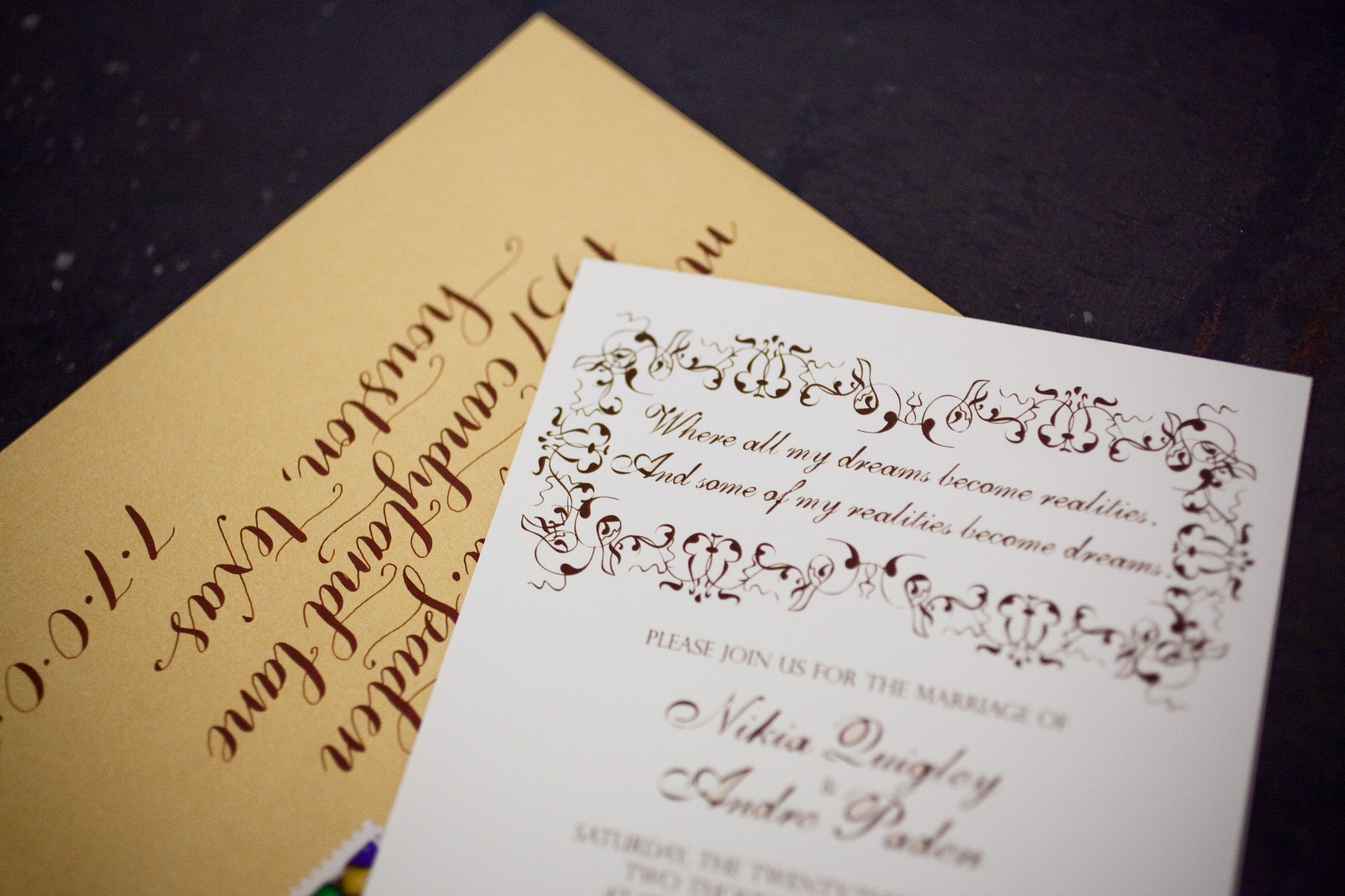 cream wedding invitation with chocolate colored font with a wily wonka quote