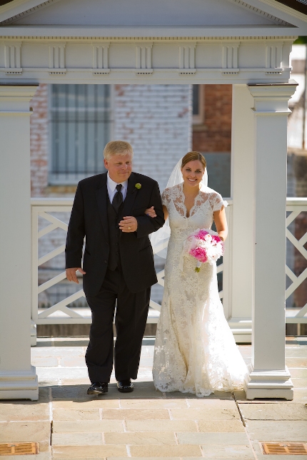Father escorting the bride down the aisle - pink and white peony bouquet 