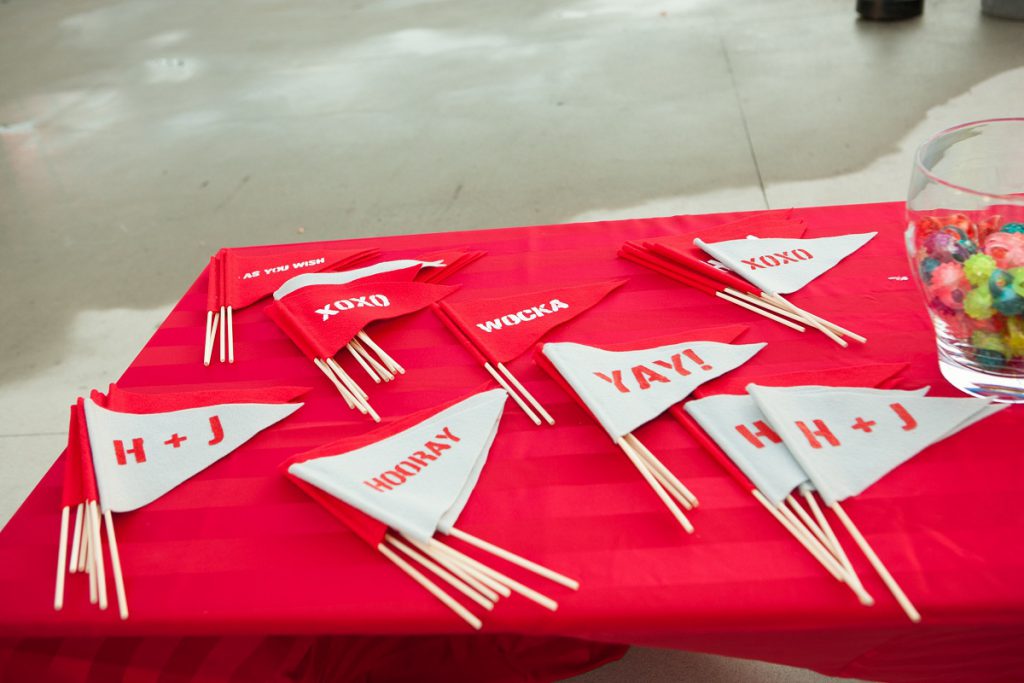 Nationals Park Wedding - handmade gray and red pennant flags for the guests