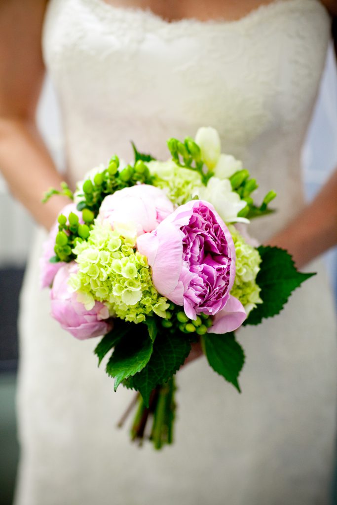 bride's bouquet with pink peonies and green hydrangea