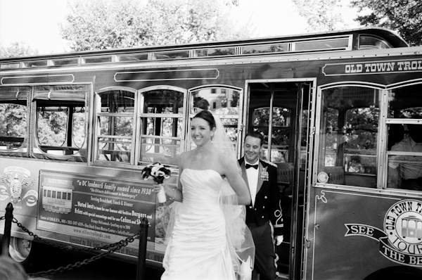 Bride and groom exit the trolley