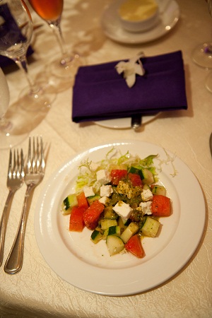 plated first course of a greek salad