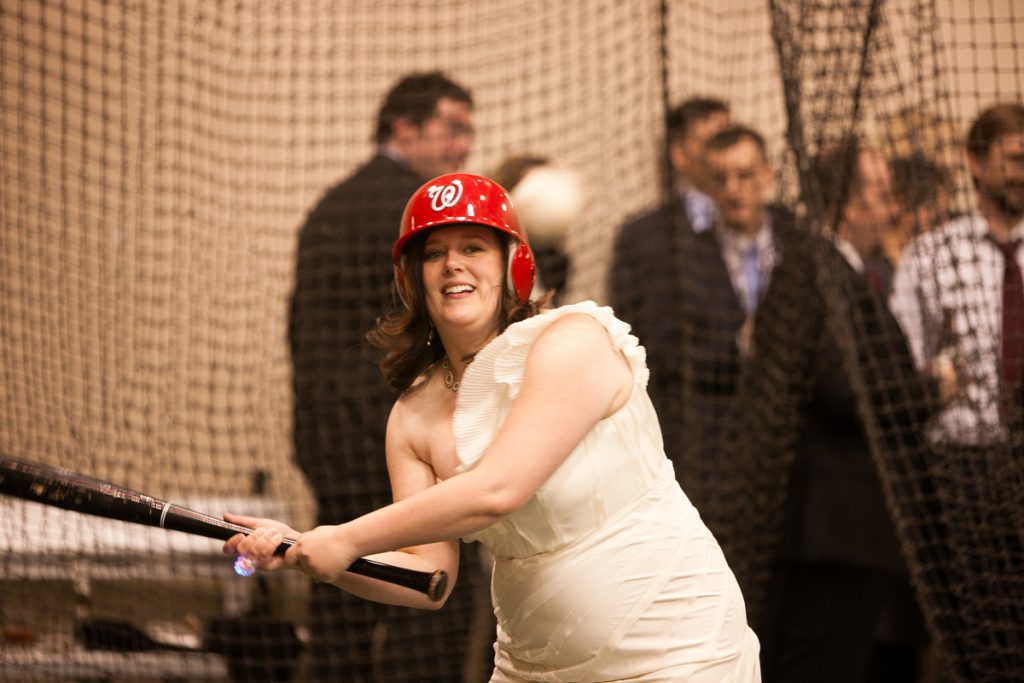 Nationals Park wedding - the bride takes batting practice