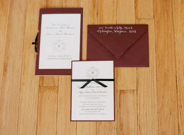 wedding invitation, envelope and ceremony program - white and fig with black ribbon