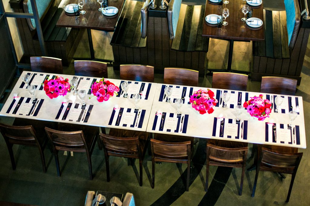 preppy pink and navy bridal shower lunch at local restaurant