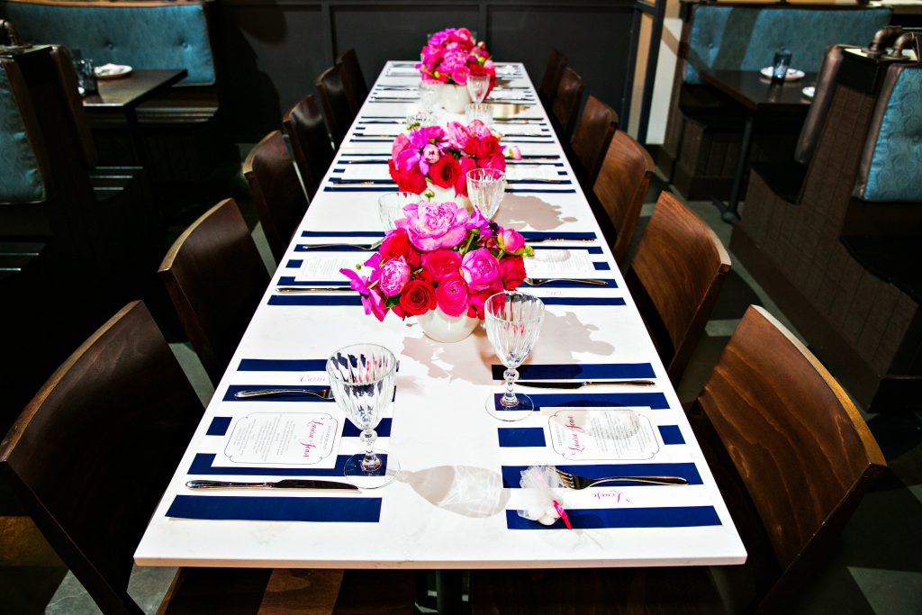 preppy pink and navy bridal shower lunch at local restaurant