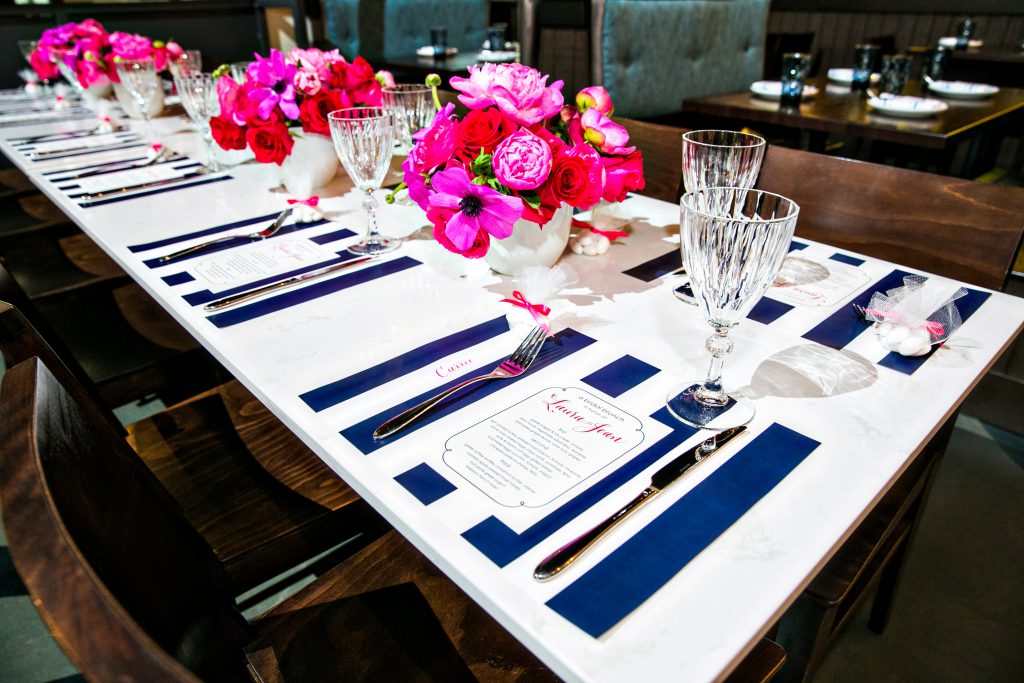 preppy pink and navy bridal shower lunch at local restaurant