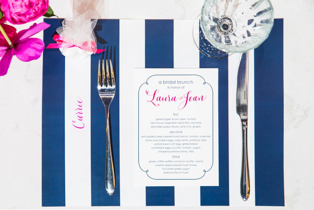 preppy pink and navy bridal shower lunch at local restaurant