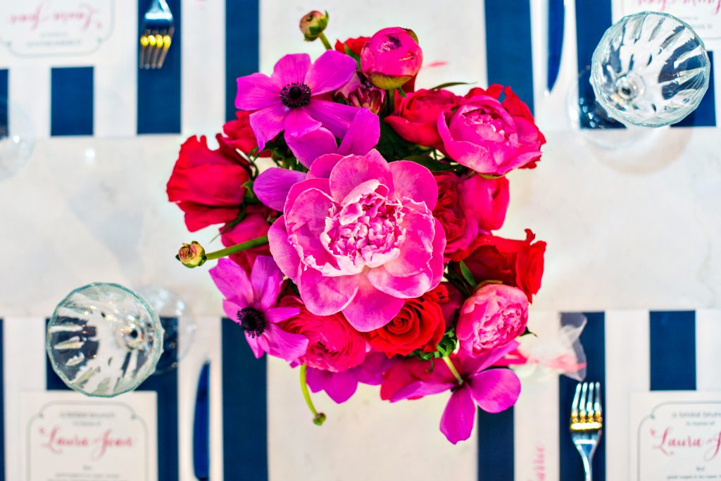 preppy pink and navy bridal shower lunch at local restaurant