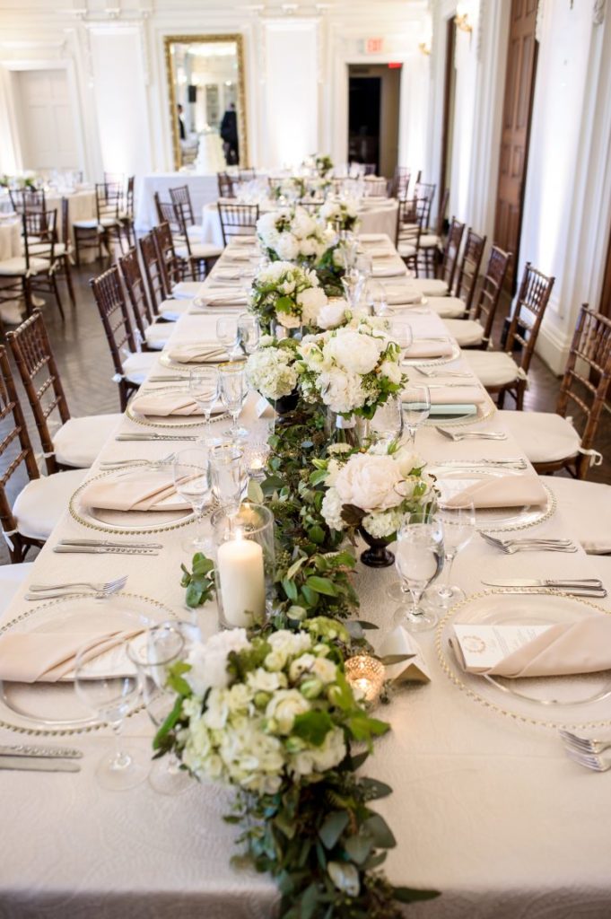 DAR wedding reception - Washington DC - head table - floral garland - table sizes advice
