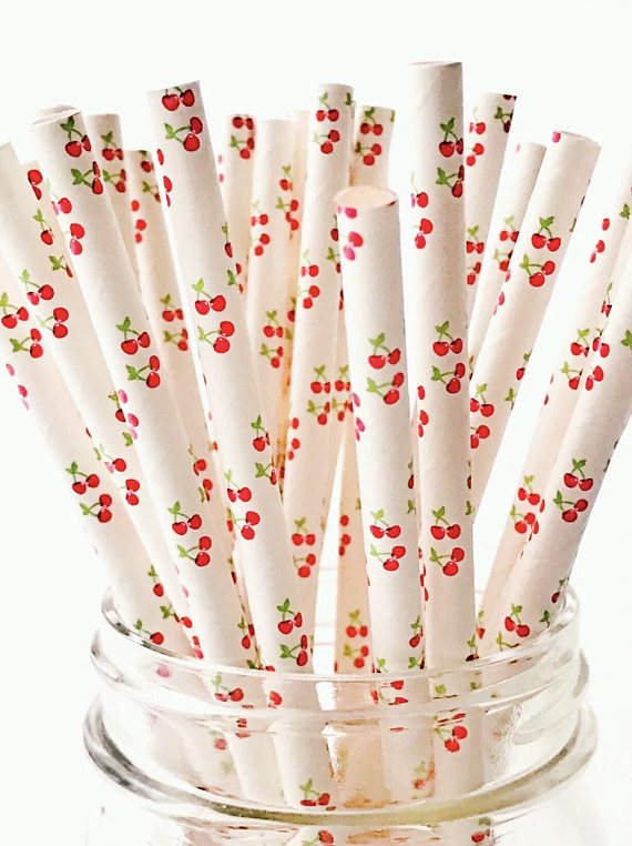 red cherry theme party paper straws