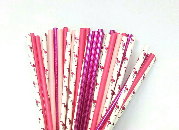 pink flamingo theme party paper straws
