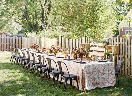 backyard autumnal farm to fork luncheon tablescape with fresh vegetables for 20 guests
