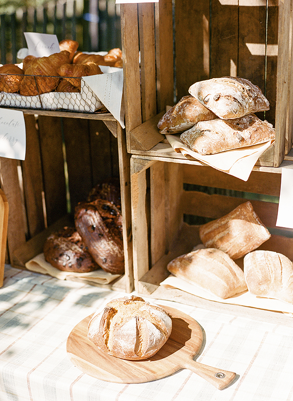 bread table at a farmers market bridal shower