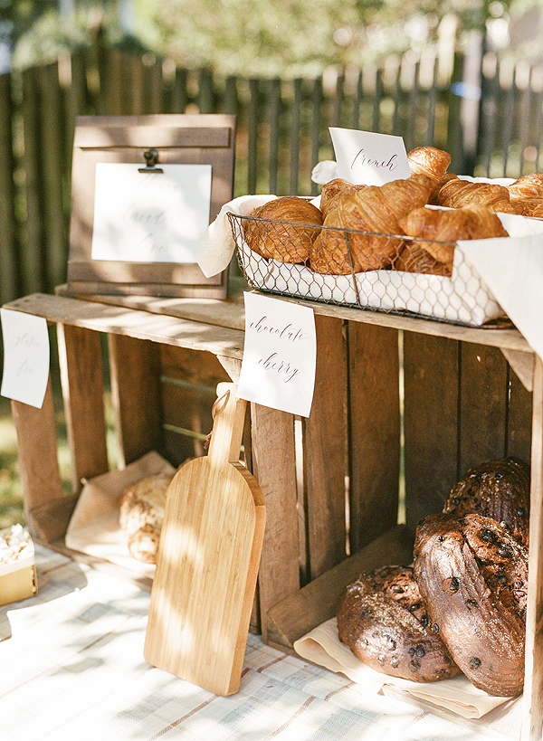 bread table at a farmers market bridal shower