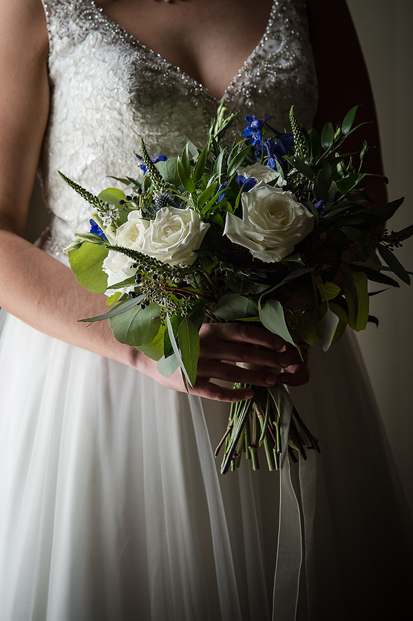 blue, green and white bridal bouquet