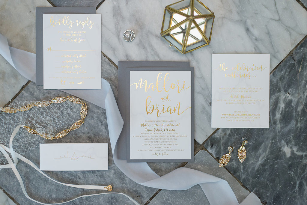 Gold Gray White wedding invitationstatery set