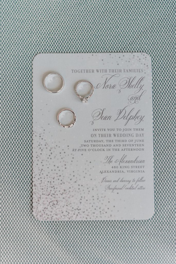 silver confetti wedding invitation