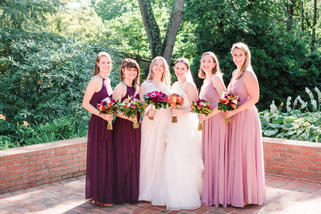 pink, mauve, burgundy bridesmaid dresses