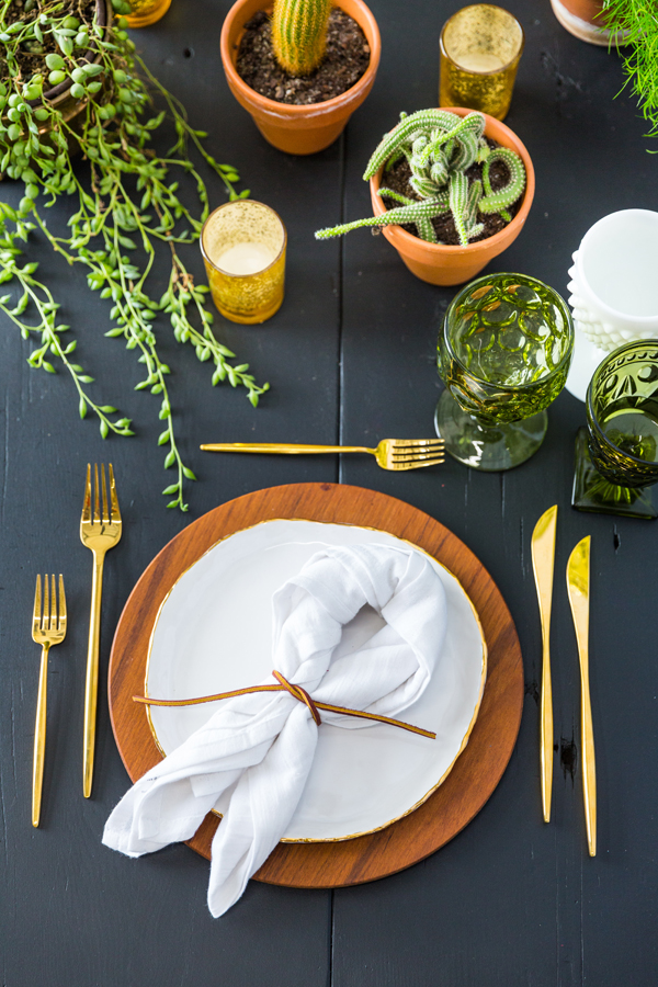Green, Gold and Wood Wedding Tablescape