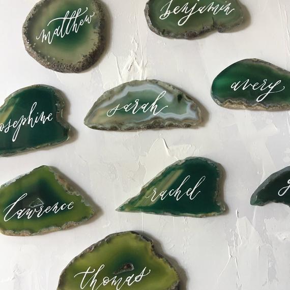 emerald royal wedding idea - agate geode name cards