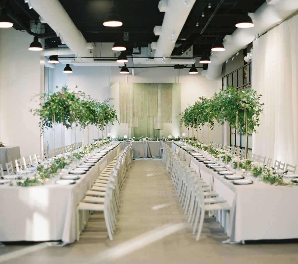 Showroom DC wedding reception: green and gray: modern and organic