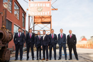 Baltimore Museum of Industry Wedding groom and groomsmen fashion