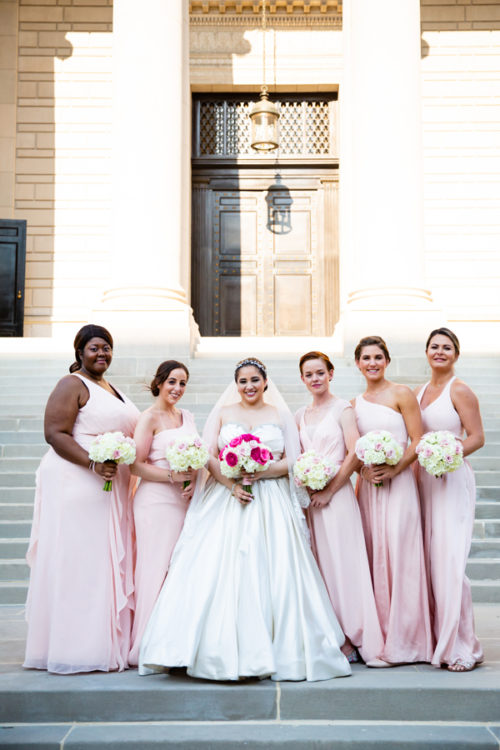 Carnegie Institute Wedding blush bridesmaid dresses - pink and white bouquets