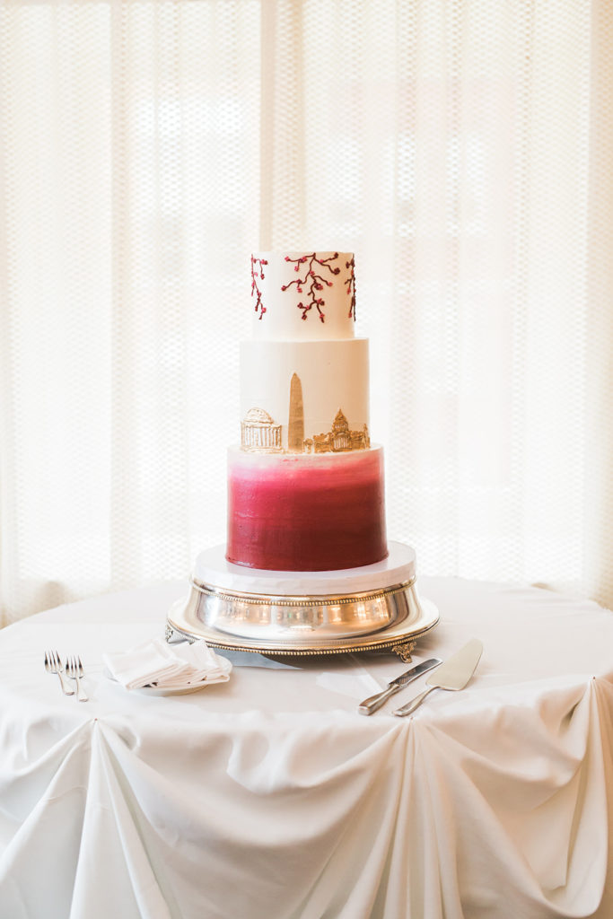 Hotel Monaco DC wedding - wedding cake - gold skyline - burgundy ombre