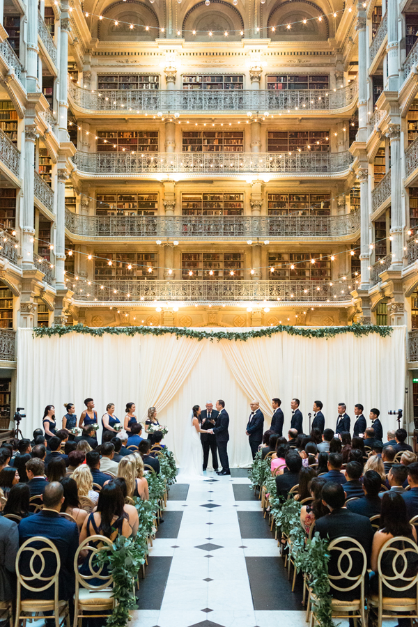 Peabody Library wedding ceremony with garlands
