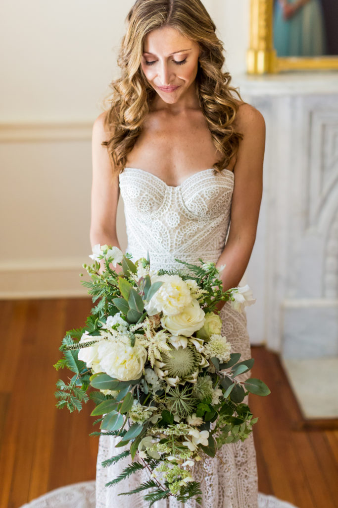 Rust Manor House wedding white and green boho bride bouquet