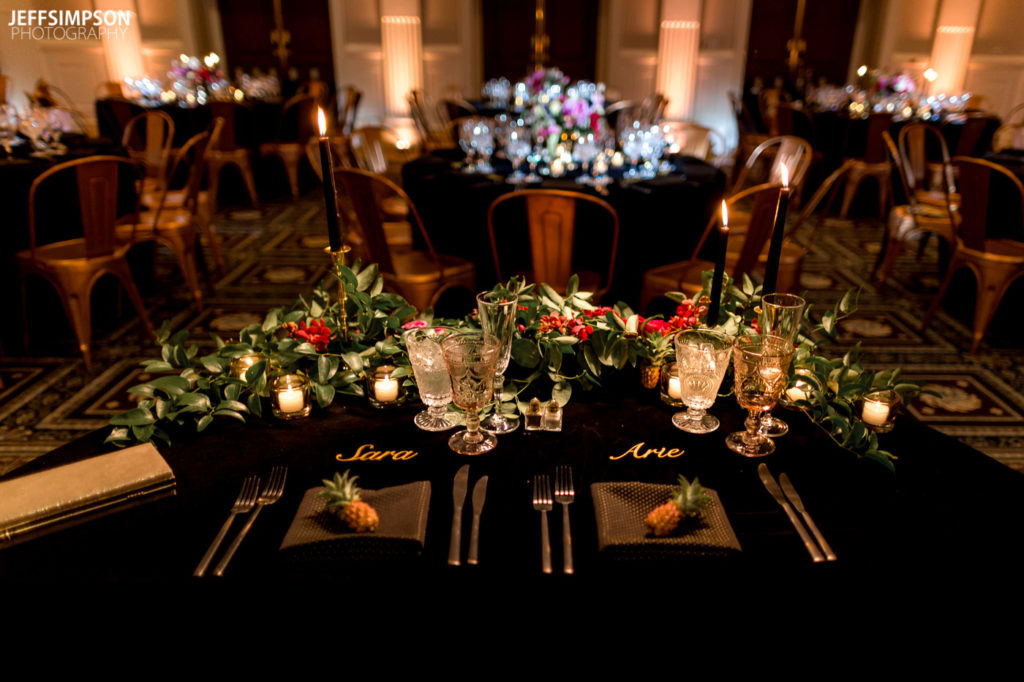 Carnegie Institution for Science wedding reception sweetheart table black velvet copper chairs 
