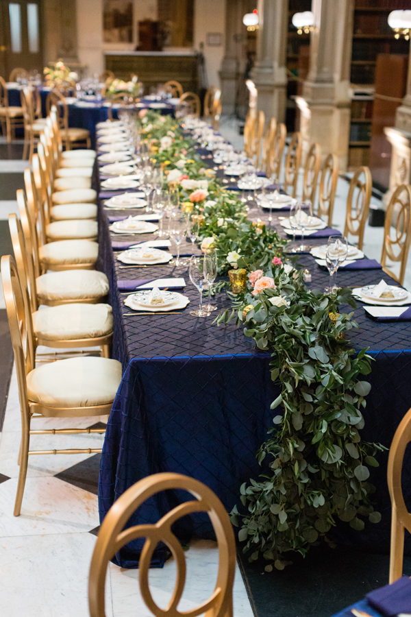 Peabody Library Baltimore wedding reception head table garland