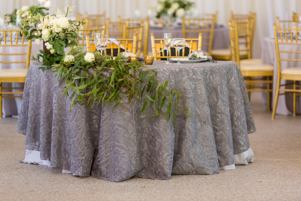 Rust Manor House wedding reception sweetheart table Leesburg Virginia gray with gold and greenery boho