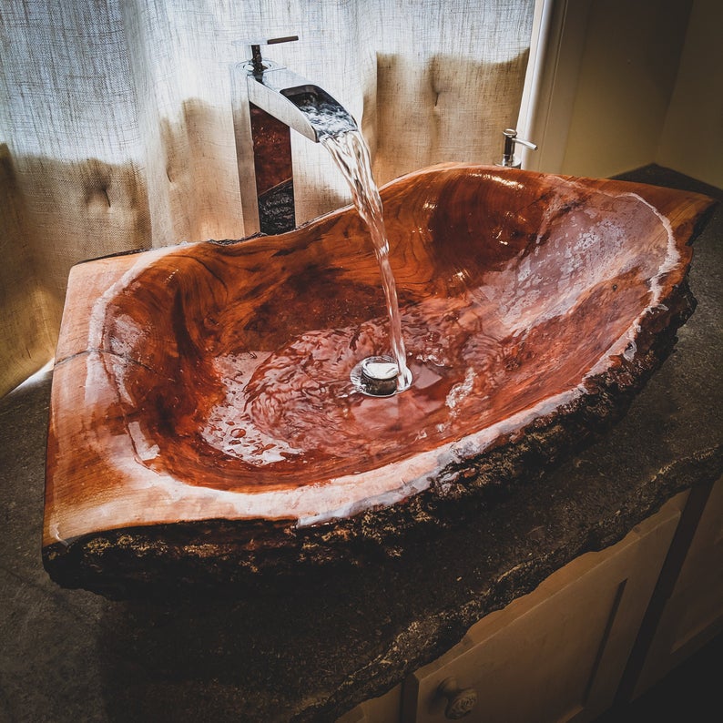etsy gift idea: rustic wood log vessel sink