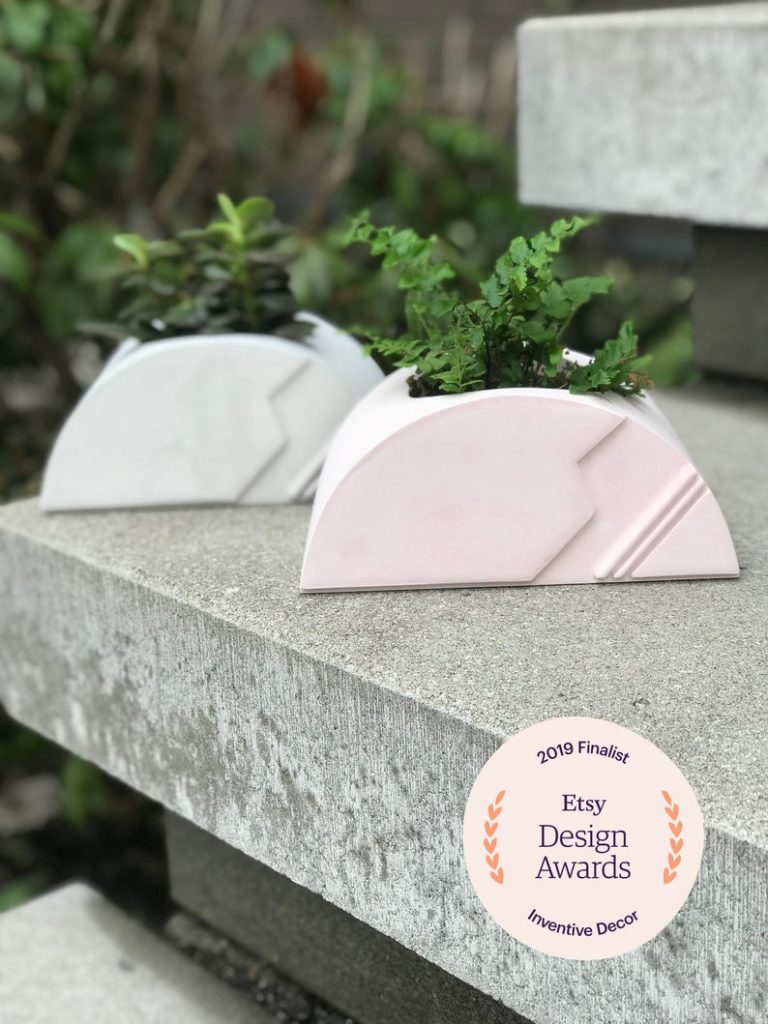 etsy gift idea: brutalist planter pink and gray