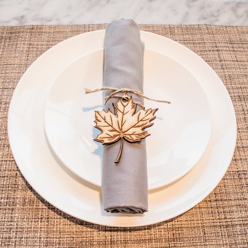 wooden maple leaf napkin tag or ring 