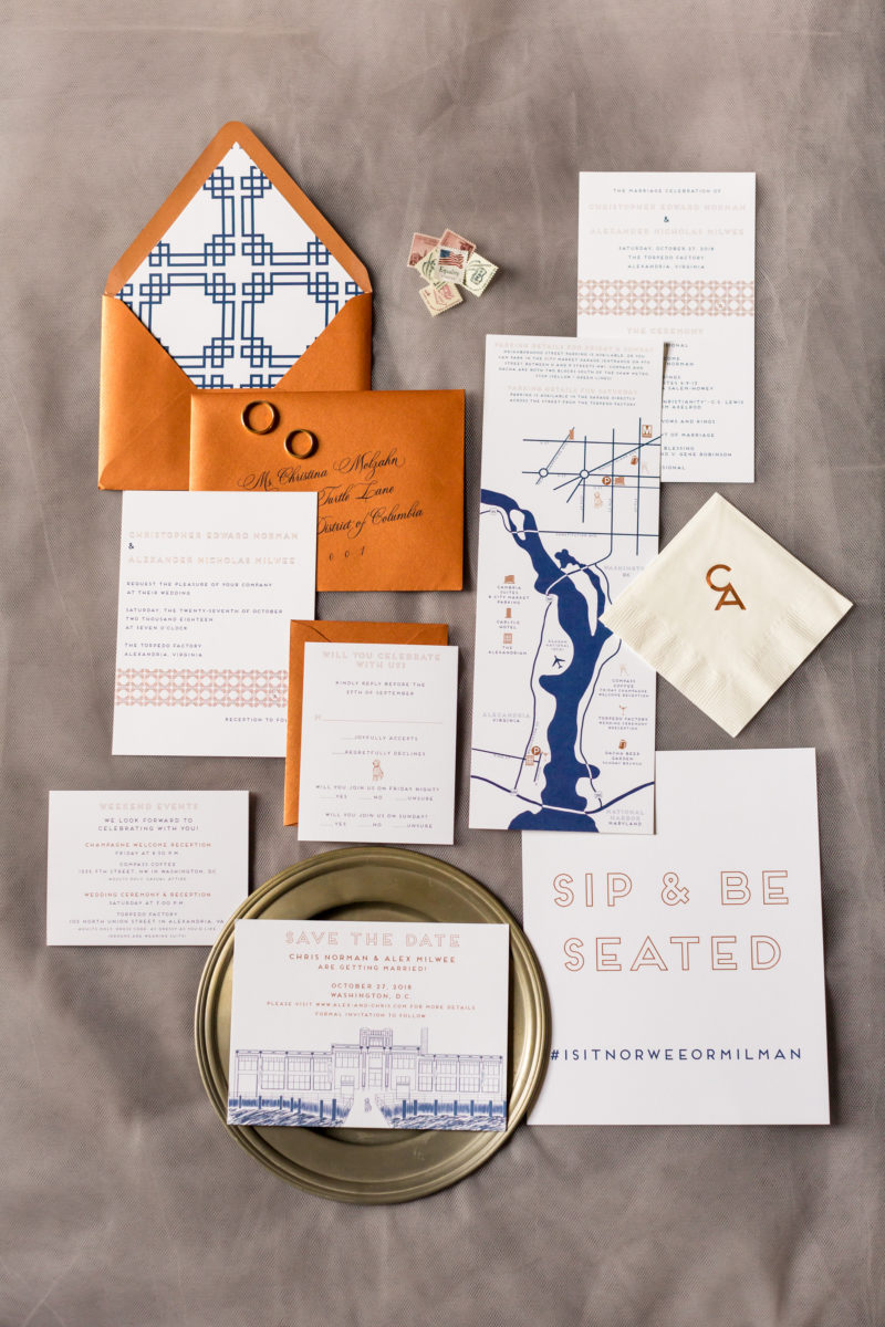 Torpedo Factory Wedding – Bellwether Events – Virginia event planner 07 copper navy stationery