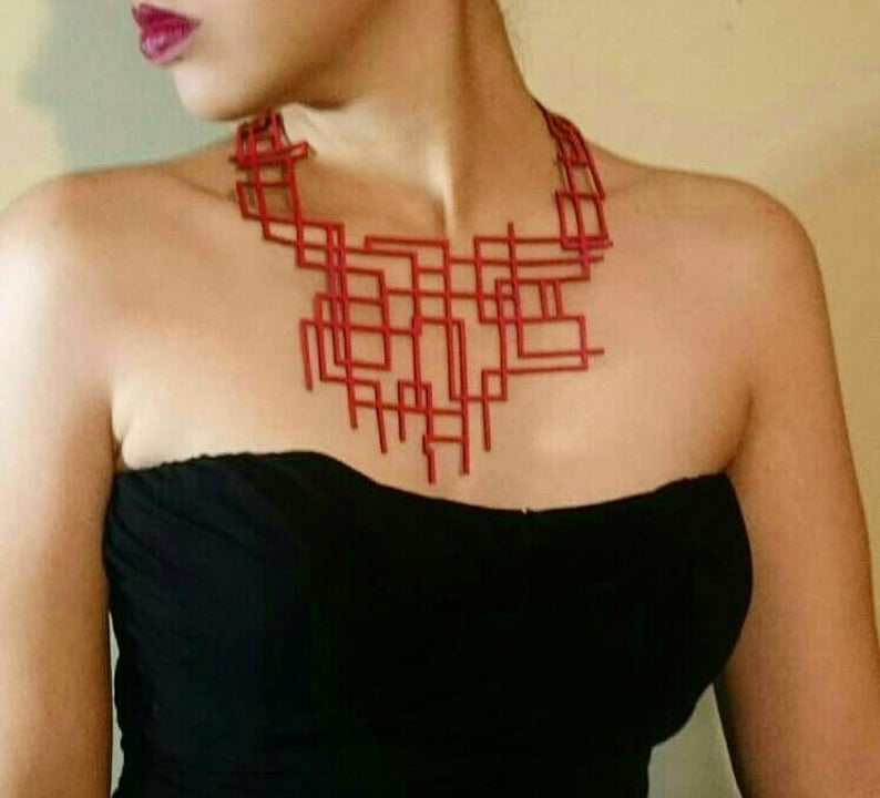 gift idea for women $50 - $100:  vegan leather laser cut statement necklace