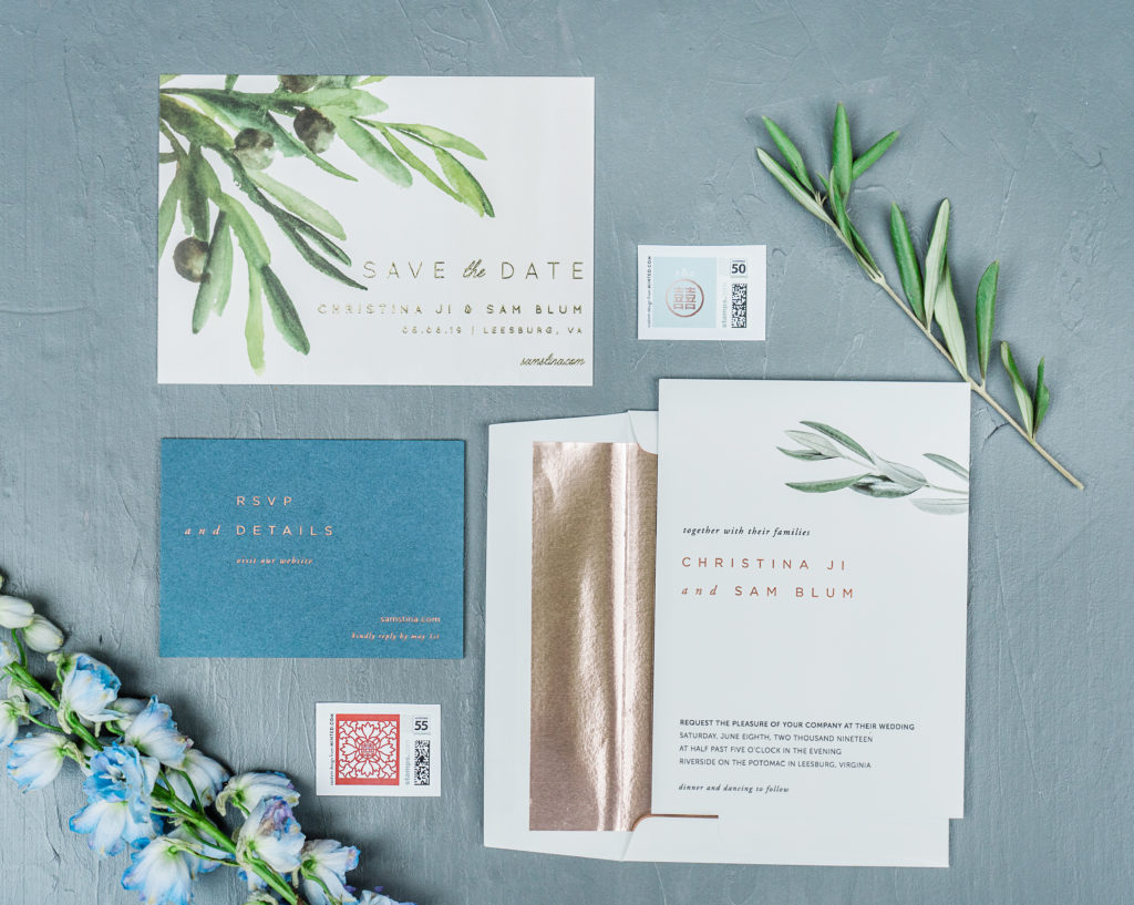 olive branch wedding stationery with copper and blue 
