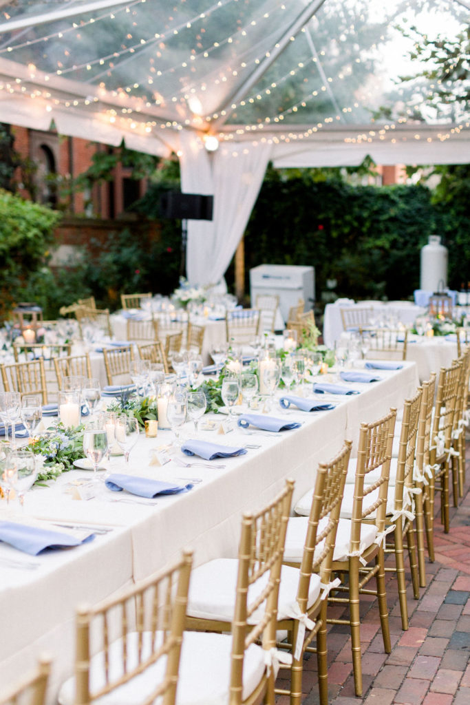 Decatur House wedding Washington DC tented reception clear top tent blue and white head table