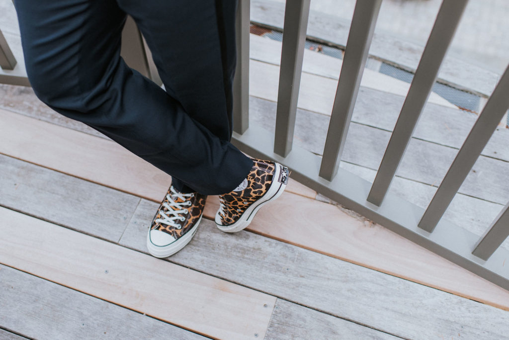 real wedding shoes - custom leopard Chuck Taylors groom