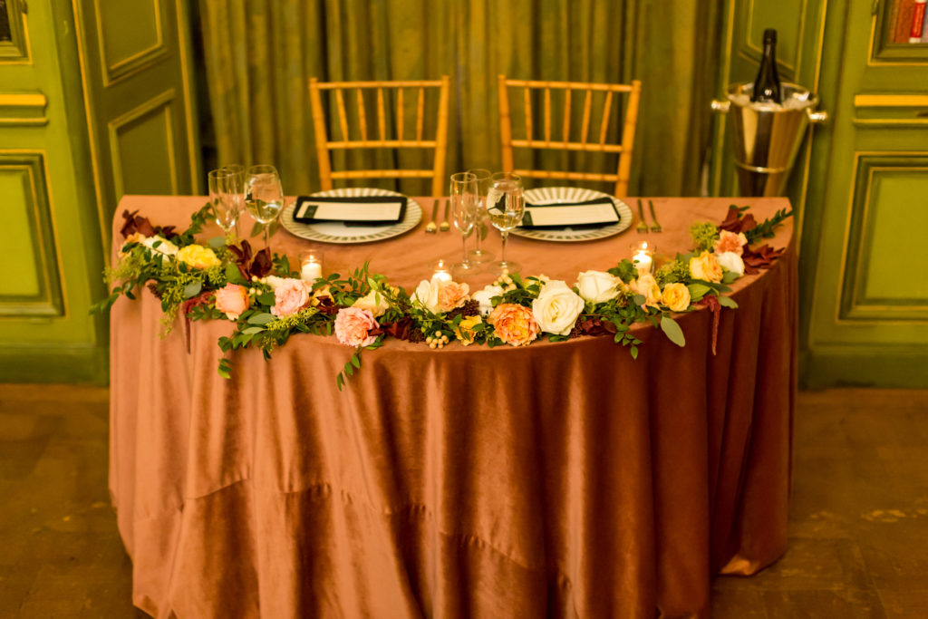 Meridian House DC wedding reception sweetheart table dusty rose velvet