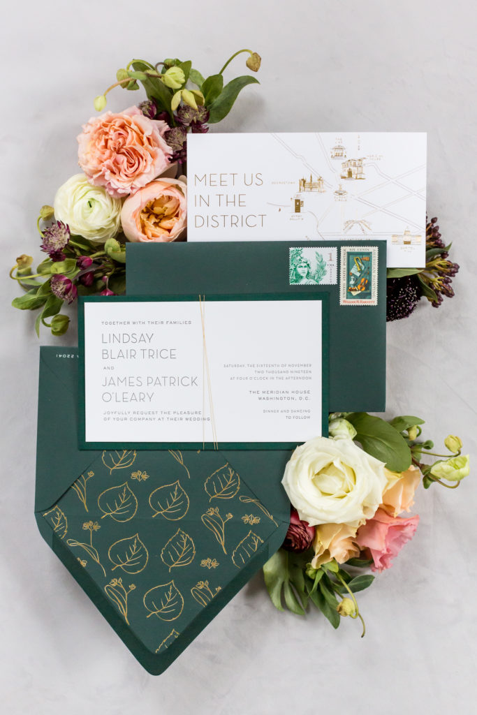 green, gold and white wedding invitation - Washington DC wedding 