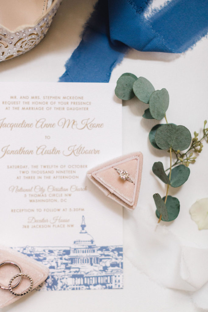 blue and white wedding invitation with Washington DC motif