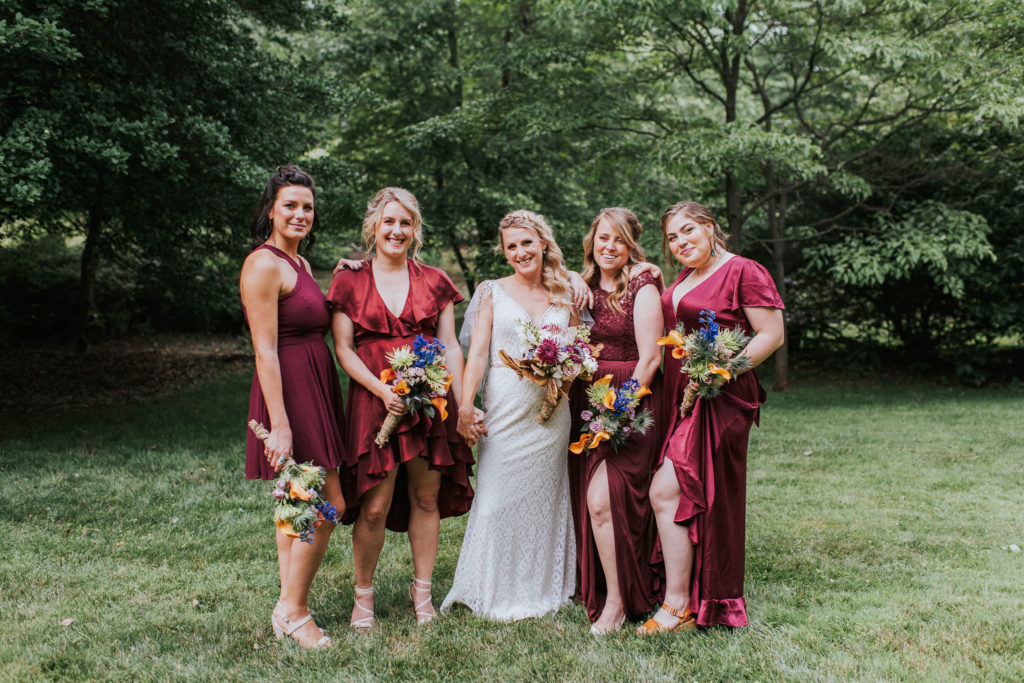 mismatched burgundy bridesmaid dresses - private estate at home backyard wedding Virginia