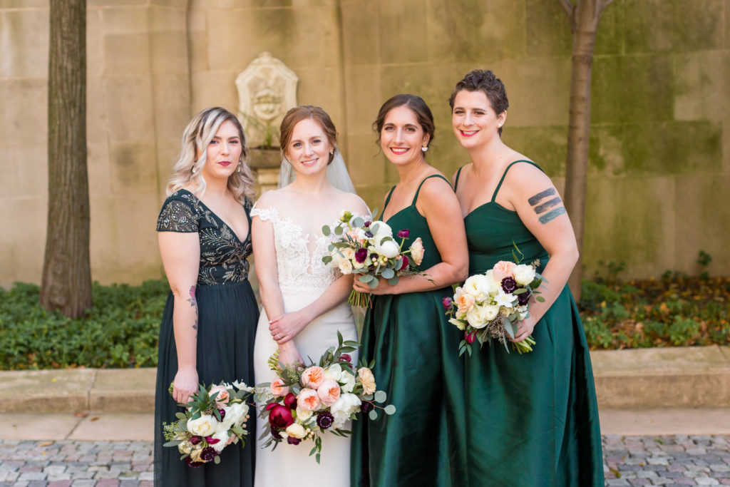 mismatched emerald green bridesmaid dresses - Meridian House DC wedding 