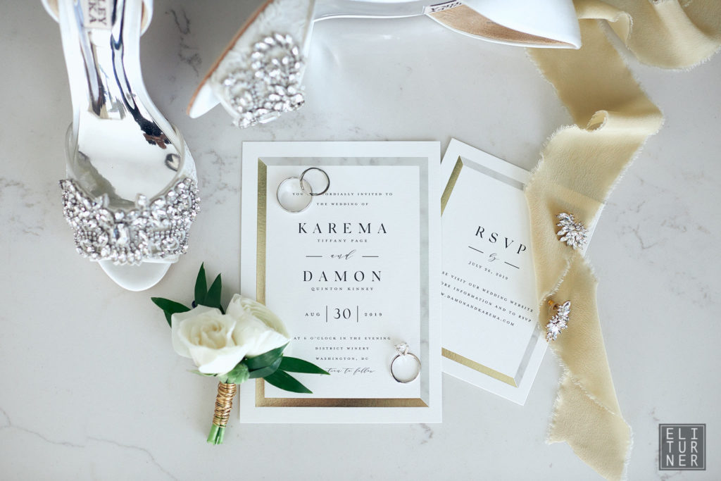 silver and gold modern wedding invitation by Minted 